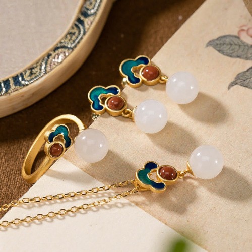 925 Silver Hetian White Jade Auspicious Necklace Set 925 Silver Hetian White Jade Auspicious Necklace Set