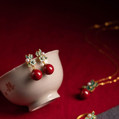 925 Silver Plated Cinnabar Pearl Flower Blessing Set 925 Silver Plated Cinnabar Pearl Flower Blessing Set