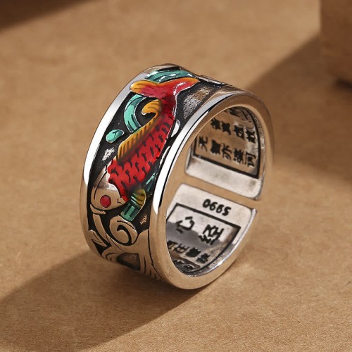 Blue Enamel Koi Heart Sutra Success Ring Blue Enamel Koi Heart Sutra Success Ring