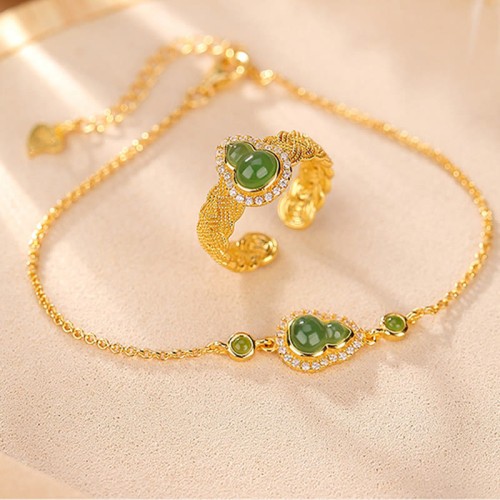 925 Silver Hetian Jade Gourd Luck Bracelet Set 925 Silver Hetian Jade Gourd Luck Bracelet Set