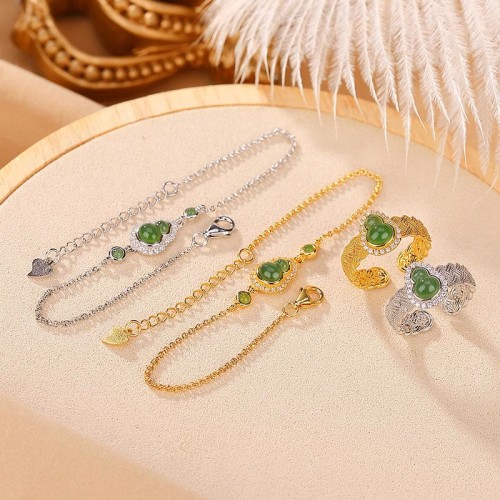 925 Silver Hetian Jade Gourd Luck Bracelet Set 925 Silver Hetian Jade Gourd Luck Bracelet Set