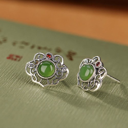 925 Silver Hetian Cyan Jade Luck Earrings Set 925 Silver Hetian Cyan Jade Luck Earrings Set