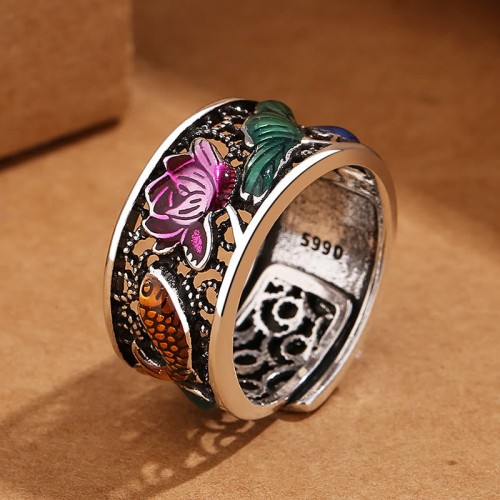 Copper Blue Enamel Lotus Koi Fish Luck Ring Copper Blue Enamel Lotus Koi Fish Luck Ring