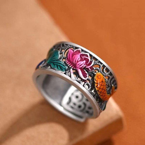 Copper Blue Enamel Lotus Koi Fish Luck Ring Copper Blue Enamel Lotus Koi Fish Luck Ring