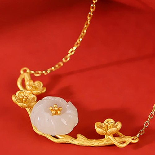 925 Silver Plated Hetian Jade Plum Blossom Luck Set 925 Silver Plated Hetian Jade Plum Blossom Luck Set