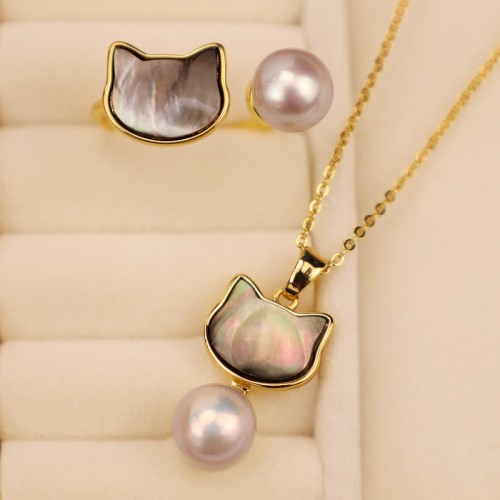 Natural Pearl Copper Cat Healing Necklace Earrings Natural Pearl Copper Cat Healing Necklace Earrings