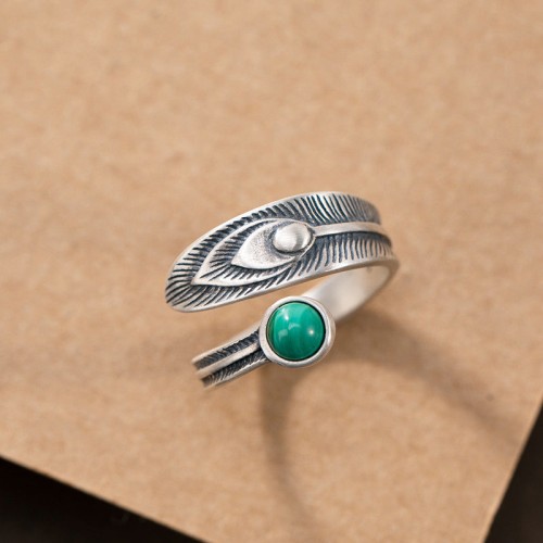 Malachite Bead Feather Protection Ring Malachite Bead Feather Protection Ring