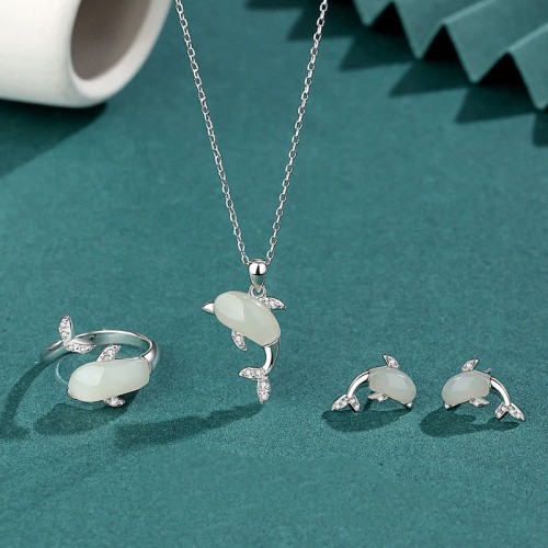 925 Silver Dolphin Hetian Jade Luck Set 925 Silver Dolphin Hetian Jade Luck Set