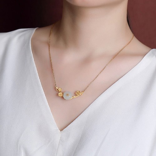 925 Silver Plated Hetian Jade Plum Blossom Luck Set 925 Silver Plated Hetian Jade Plum Blossom Luck Set