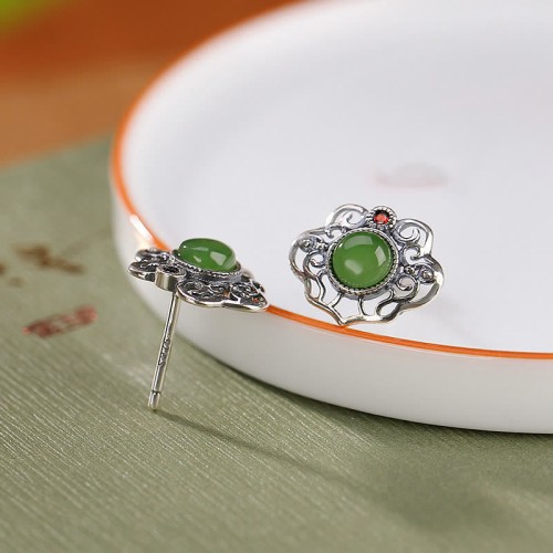 925 Silver Hetian Cyan Jade Luck Earrings Set 925 Silver Hetian Cyan Jade Luck Earrings Set