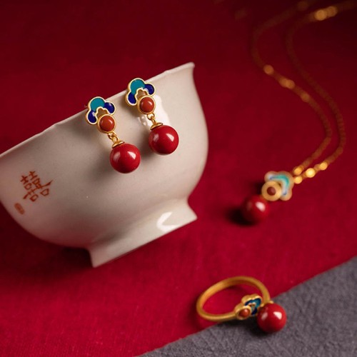 925 Silver Plated Gold Cinnabar Red Agate Necklace Set 925 Silver Plated Gold Cinnabar Red Agate Necklace Set