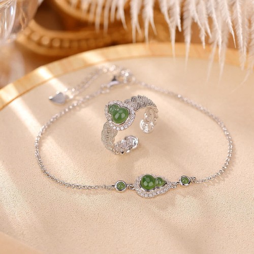 925 Silver Hetian Jade Gourd Luck Bracelet Set 925 Silver Hetian Jade Gourd Luck Bracelet Set