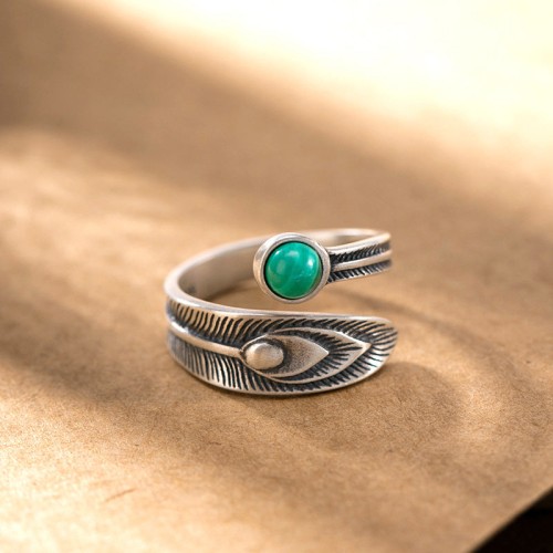 Malachite Bead Feather Protection Ring Malachite Bead Feather Protection Ring