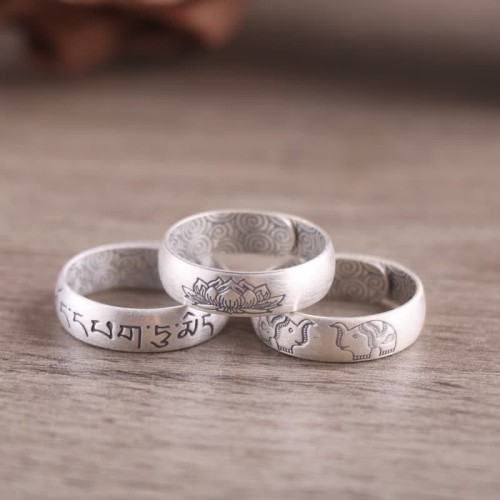 999 Sterling Silver Lotus Elephant Blessing Ring