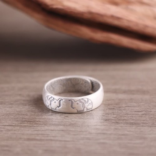 999 Sterling Silver Lotus Elephant Blessing Ring