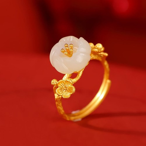 925 Silver Plated Hetian Jade Plum Blossom Luck Set 925 Silver Plated Hetian Jade Plum Blossom Luck Set