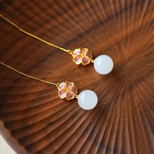 925 Silver Hetian Jade Cherry Blossom Luck Set 925 Silver Hetian Jade Cherry Blossom Luck Set