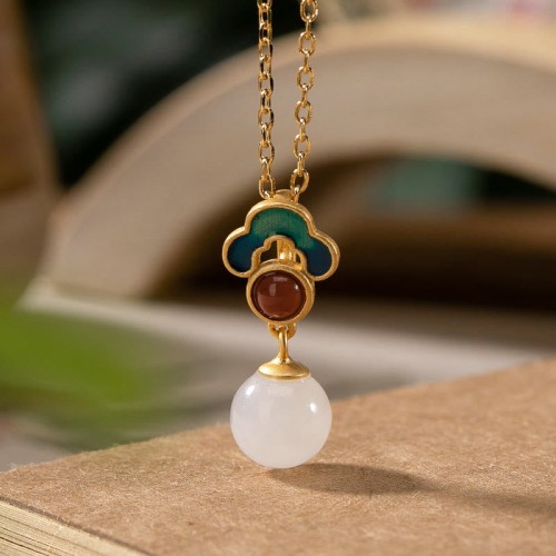 925 Silver Hetian White Jade Auspicious Necklace Set 925 Silver Hetian White Jade Auspicious Necklace Set