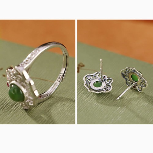 925 Silver Hetian Cyan Jade Luck Earrings Set 925 Silver Hetian Cyan Jade Luck Earrings Set