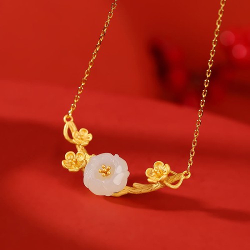 925 Silver Plated Hetian Jade Plum Blossom Luck Set 925 Silver Plated Hetian Jade Plum Blossom Luck Set