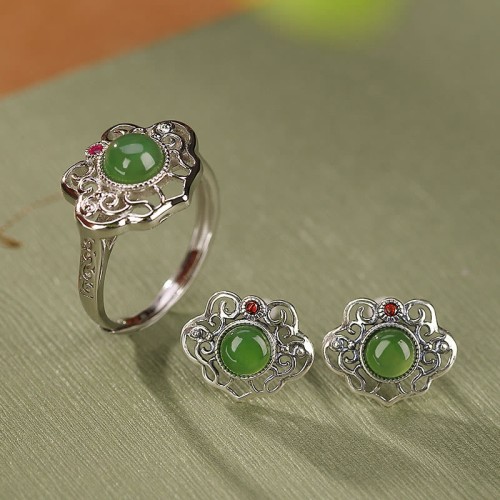 925 Silver Hetian Cyan Jade Luck Earrings Set 925 Silver Hetian Cyan Jade Luck Earrings Set