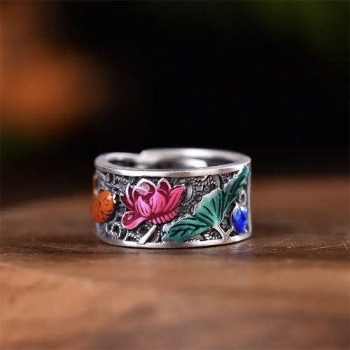 Copper Blue Enamel Lotus Koi Fish Luck Ring Copper Blue Enamel Lotus Koi Fish Luck Ring