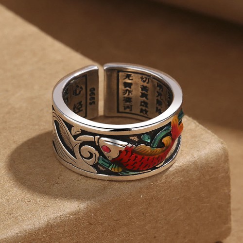Blue Enamel Koi Heart Sutra Success Ring Blue Enamel Koi Heart Sutra Success Ring