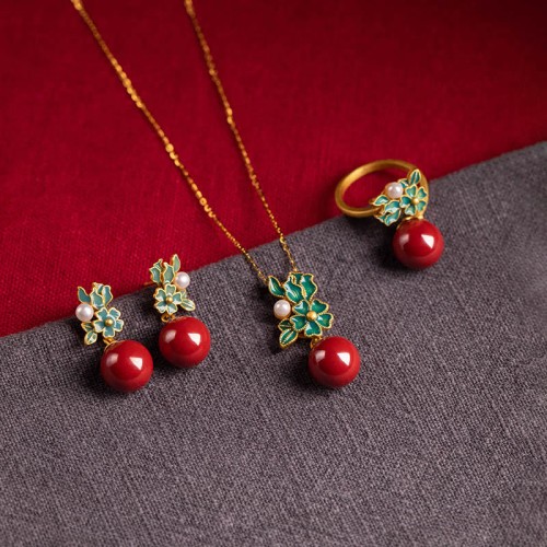 925 Silver Plated Cinnabar Pearl Flower Blessing Set 925 Silver Plated Cinnabar Pearl Flower Blessing Set