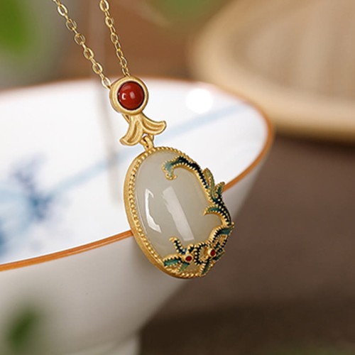 925 Silver Plated Gold Hetian Jade Vine Luck Set 925 Silver Plated Gold Hetian Jade Vine Luck Set