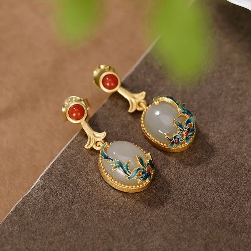 925 Silver Plated Gold Hetian Jade Vine Luck Set 925 Silver Plated Gold Hetian Jade Vine Luck Set