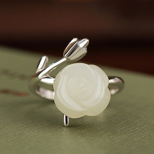 925 Silver Plated Gold Rose Hetian Jade Happiness Ring