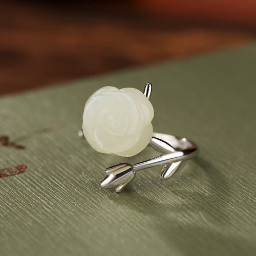 925 Silver Plated Gold Rose Hetian Jade Happiness Ring