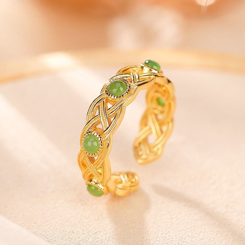 925 Silver Plated Gold Cyan Jade Success Ring