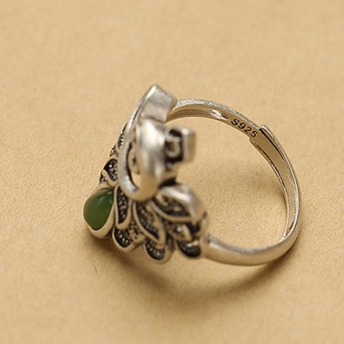 925 Silver Peacock Hetian Cyan Jade Fortune Adjustable Ring