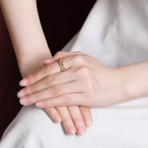 925 Silver Plated Gold Cyan Jade Success Ring
