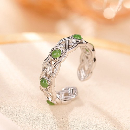925 Silver Plated Gold Cyan Jade Success Ring