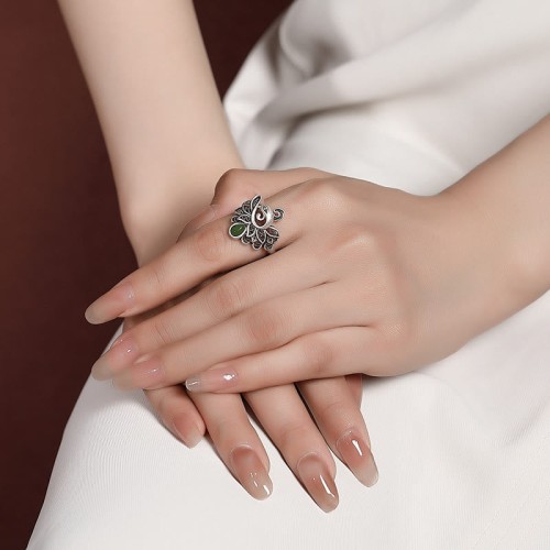 925 Silver Peacock Hetian Cyan Jade Fortune Adjustable Ring