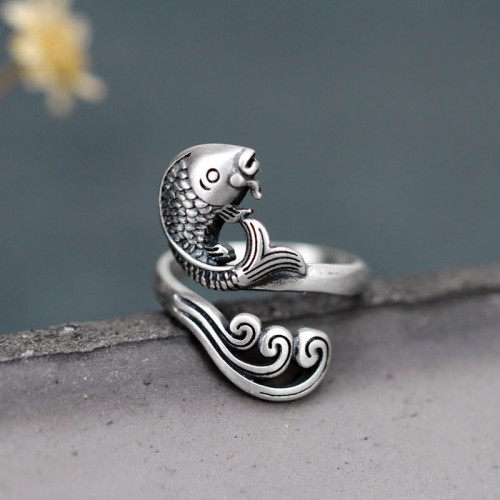 925 Silver Koi Fish Water Ripple Luck Ring