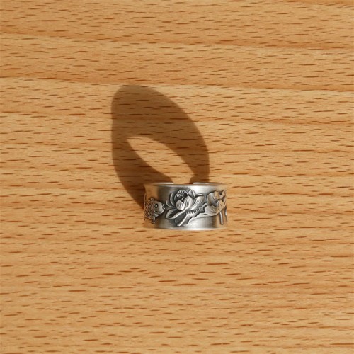 999 Sterling Silver Koi Lotus Heart Sutra Ring