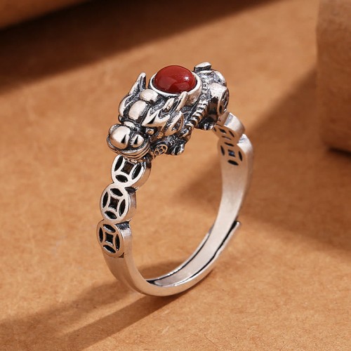 PiXiu Copper Coin Red Agate Wealth Ring