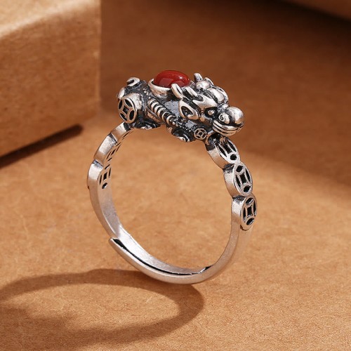 PiXiu Copper Coin Red Agate Wealth Ring
