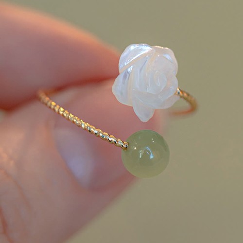 14K Gold Plated Tridacna Stone Rose Flower Jade Blessing Ring 14K Gold Plated Tridacna Stone Rose Flower Jade Blessing Ring