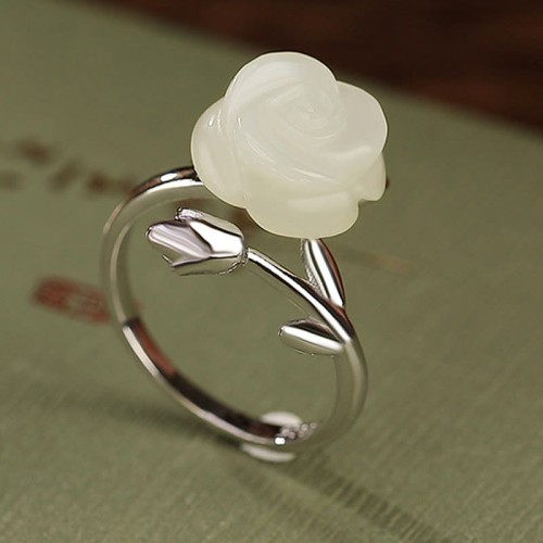925 Silver Plated Gold Rose Hetian Jade Happiness Ring