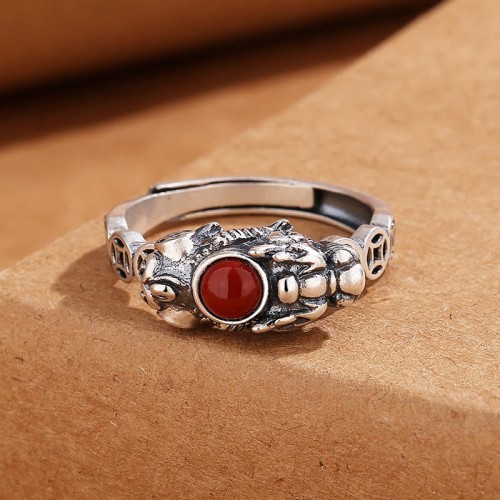 PiXiu Copper Coin Red Agate Wealth Ring