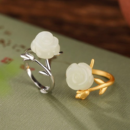 925 Silver Plated Gold Rose Hetian Jade Happiness Ring