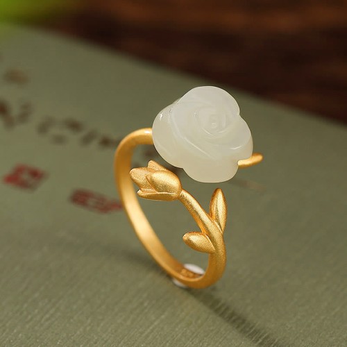 925 Silver Plated Gold Rose Hetian Jade Happiness Ring