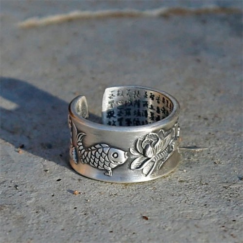 999 Sterling Silver Koi Lotus Heart Sutra Ring