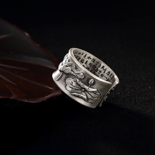 999 Sterling Silver Koi Lotus Heart Sutra Ring
