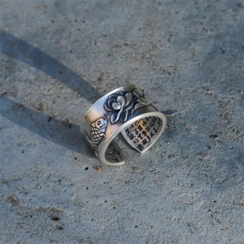 999 Sterling Silver Koi Lotus Heart Sutra Ring