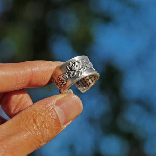 999 Sterling Silver Koi Lotus Heart Sutra Ring